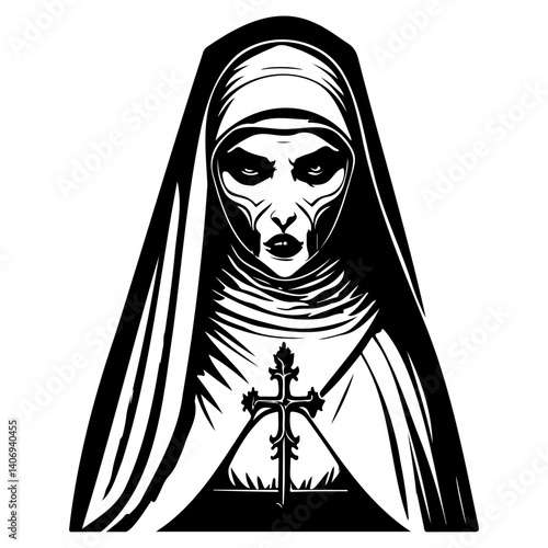Sinister Nun Portrait in Stark Black and White