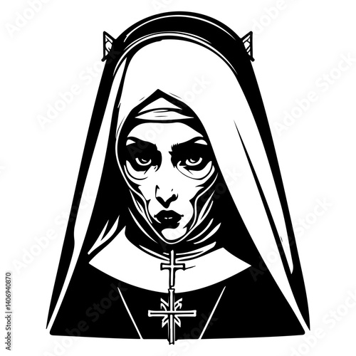 Mystical Nun, Striking Monochrome Illustration