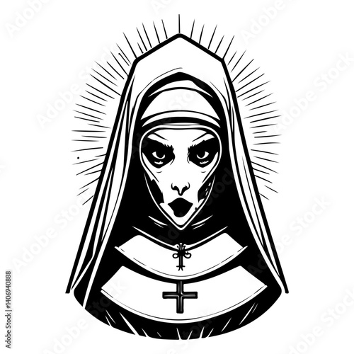 Sinister Nun Illustration in Black and White