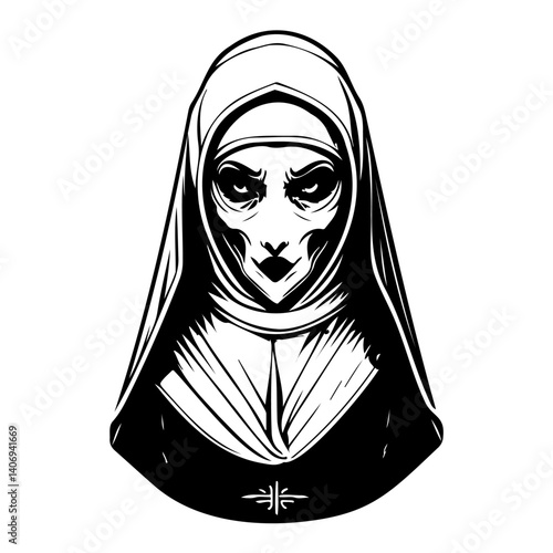 Monochrome Vector Image of an Evil Nun Figure