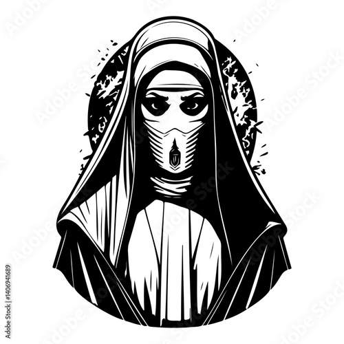 Monochrome Nun Figure with Futuristic Face Mask