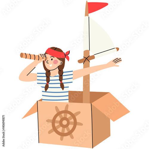 Child playing pirate in cardboard ship. Girl pretending to be a pirate in a cardboard box ship, using a telescope and red bandana.