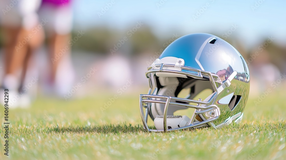 Fototapeta premium Chrome football helmet resting on the field, gleaming under the sunlight, symbolizing strength, competition, and the spirit of the game.