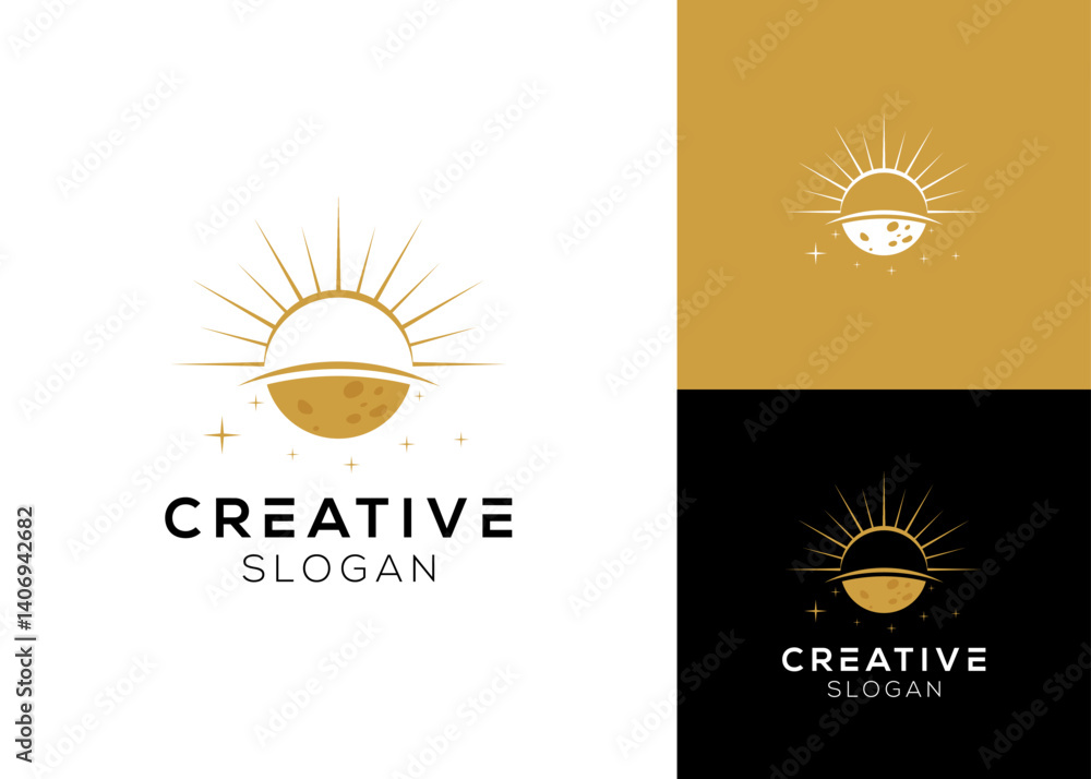 Fototapeta premium Golden sun and moon with stars logo design or mystical symbol