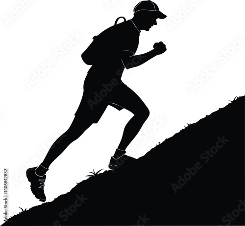 Uphill runner silhouette in black and white, dynamic vector for stamina training graphics	