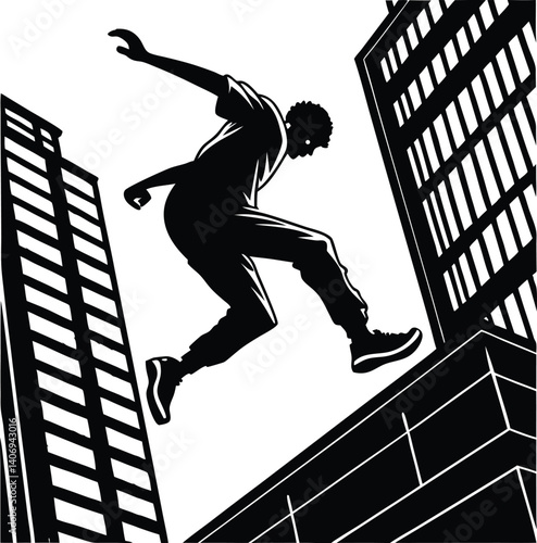 Parkour jump silhouette, black and white vector for urban fitness and action branding	