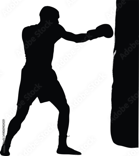 Black and white silhouette of boxer punching, powerful vector design for combat sports	