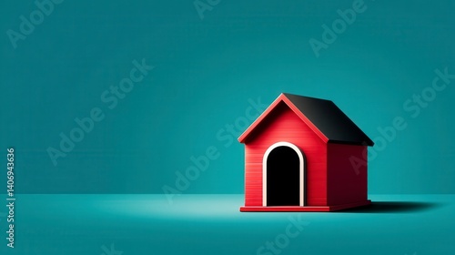 Red Dog House on Teal Background Minimalist Digital Render