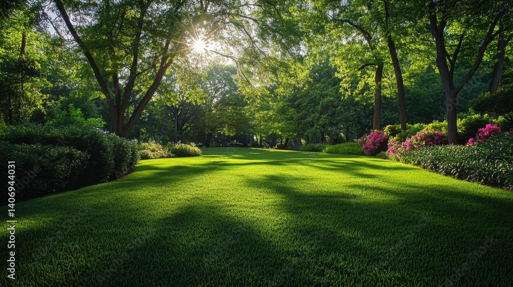 Obraz premium Sunlit Garden Path with Lush Greenery