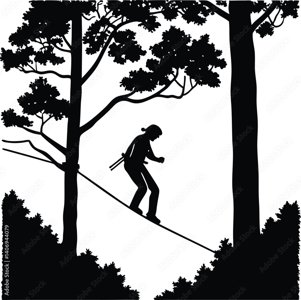 Fototapeta premium Slacklining silhouette in black and white, unique vector for balance and outdoor sports 