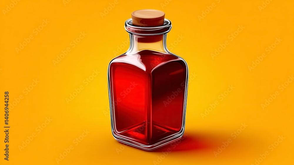 Square Glass Bottle with Red Liquid on Yellow Background Square Glass Bottle with Red Liquid on Yellow Background