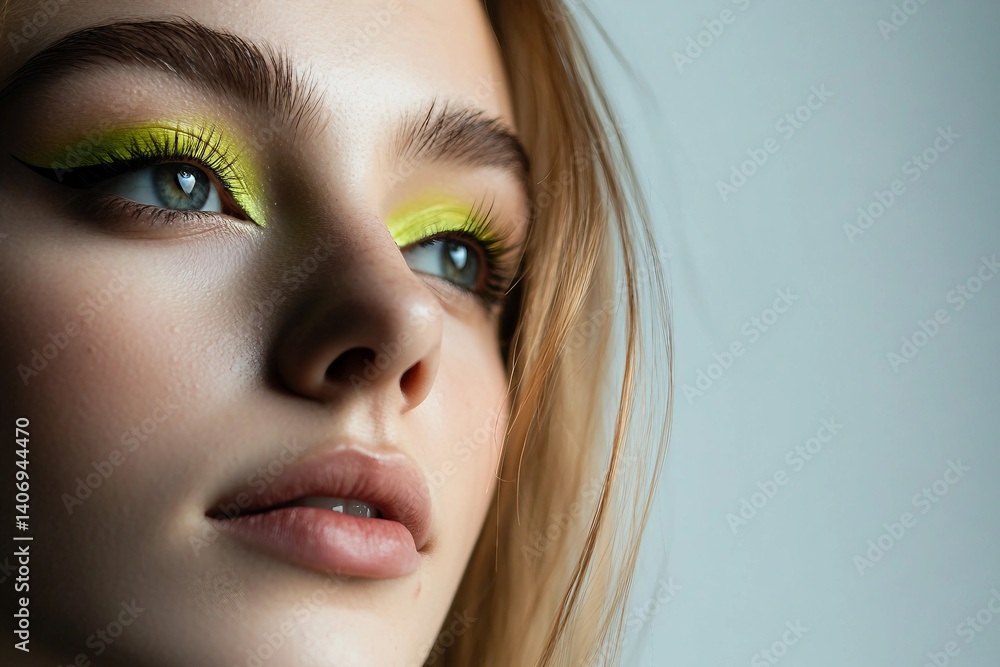 Fototapeta premium Trends in cosmetics with bright fashion makeup in orange and turquoise tones on young model face, beauty salon look, generative ai