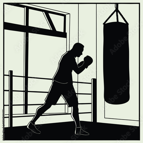 Black and white silhouette of boxer punching, powerful vector design for combat sports	