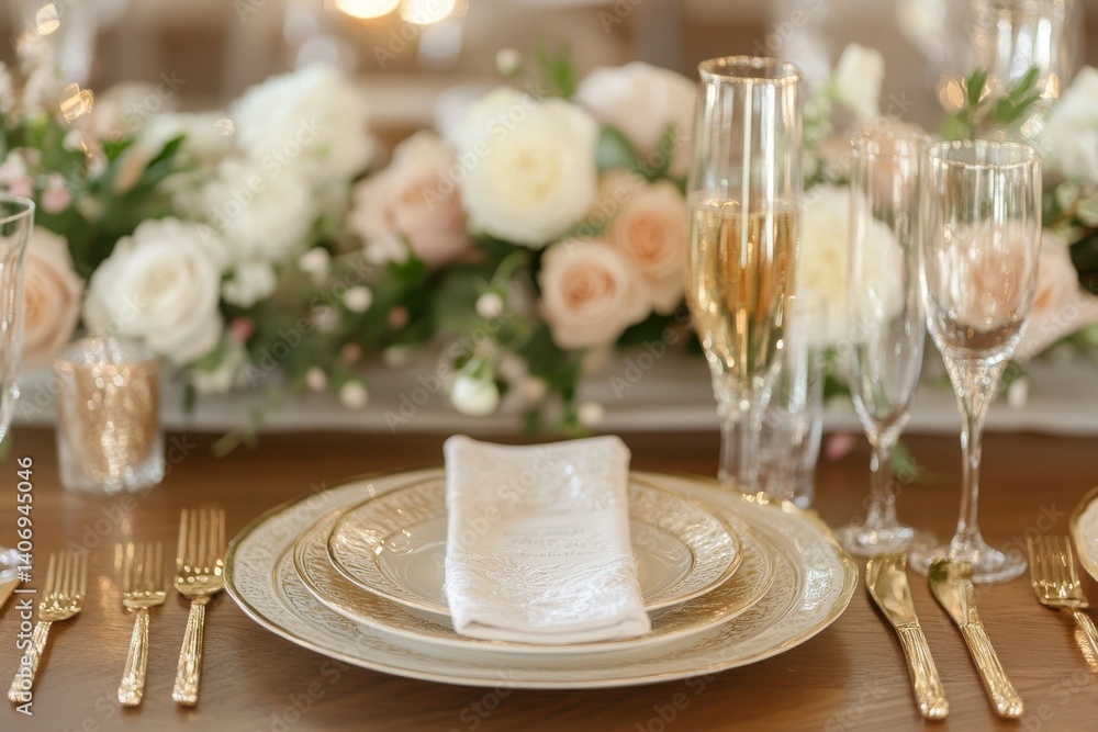 Elegant table setting, golden plates, champagne flutes, soft neutral tones, romantic dinner, warm Elegant table setting, golden plates, champagne flutes, soft neutral tones, romantic dinner, warm