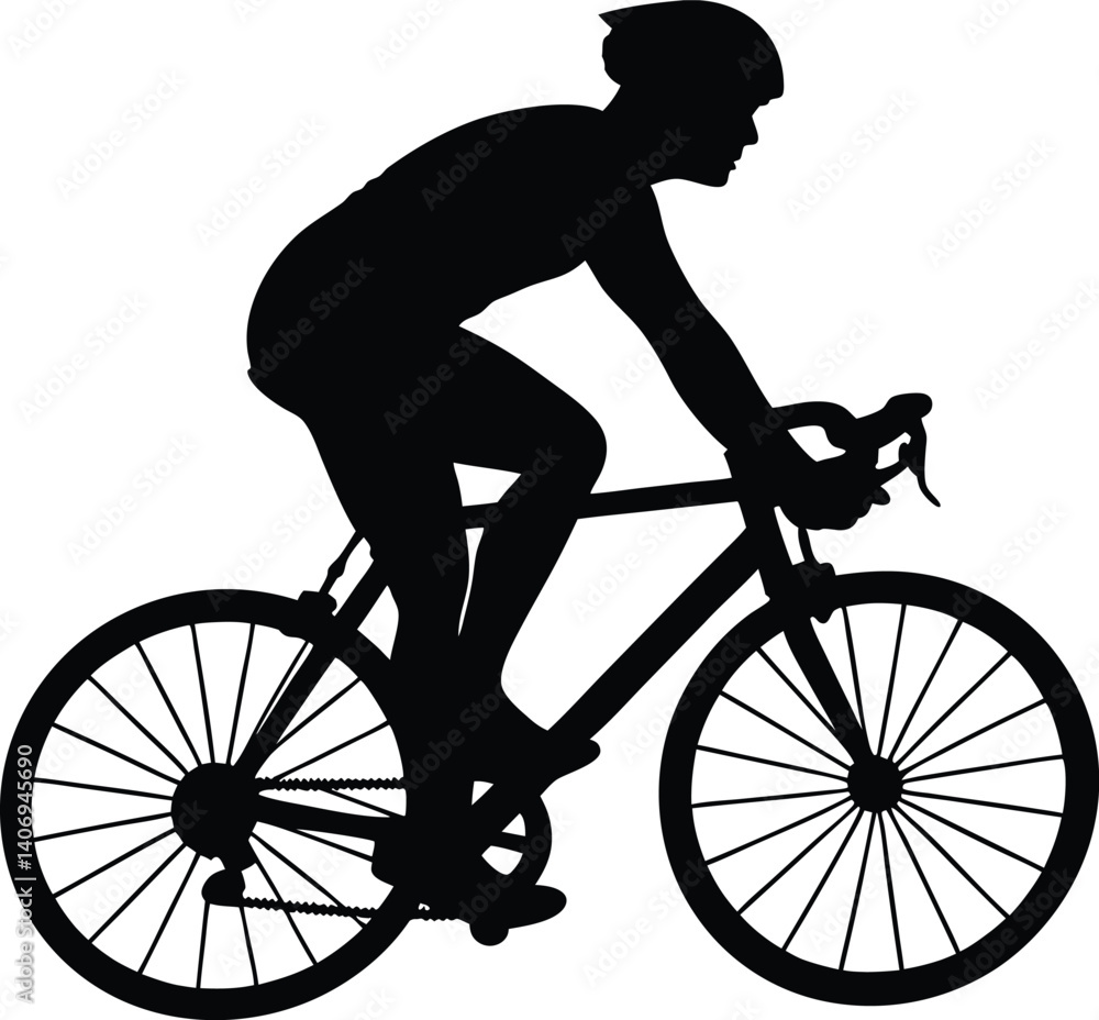 A cyclist silhouette in a dynamic racing posture, black on white background. Suitable for biking gear logos, event posters, or digital fitness apps. A cyclist silhouette in a dynamic racing posture, black on white background. Suitable for biking gear logos, event posters, or digital fitness apps.