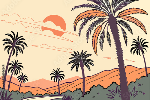 Palm trees at sunset in Palm Springs – California, USA
