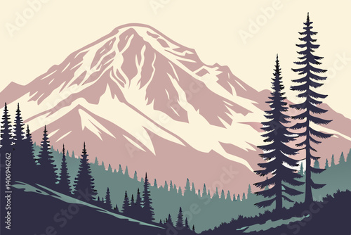 Geometric vector of Mount Rainier with pastel tones – Washington, USA
