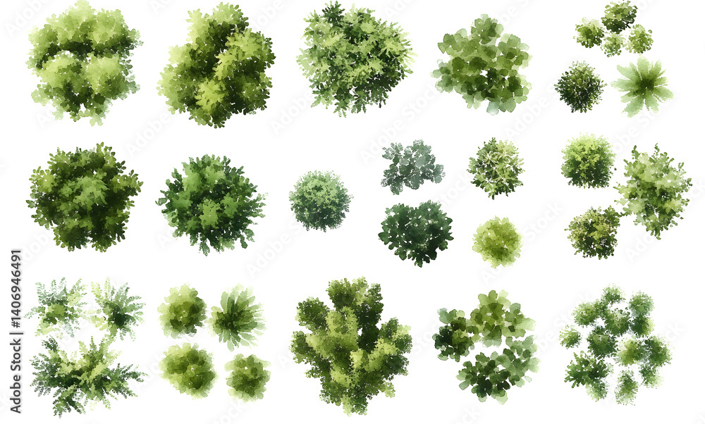 Various green trees, bushes and shrubs, top view for landscape design plan. Isolated watercolor illustration, PNG cutout.