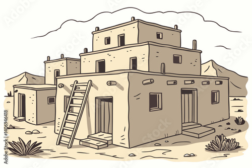 Vector sketch of Taos Pueblo adobe homes – New Mexico, USA
