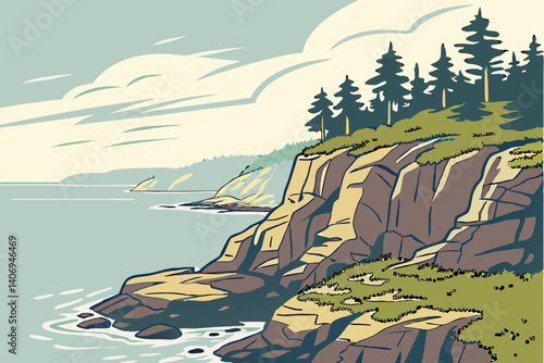 Flat illustration of Bar Harbor coastal cliffs – Maine, USA

