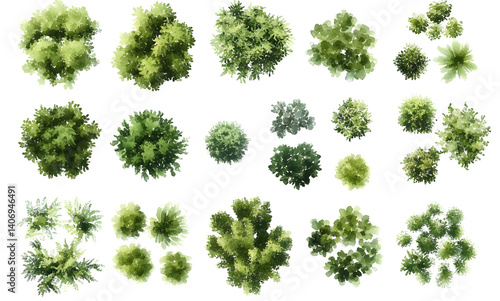 Various green trees, bushes and shrubs, top view for landscape design plan. Isolated watercolor illustration, PNG cutout.