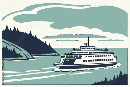 Flat design of a ferry near Bainbridge Island – Washington, USA
