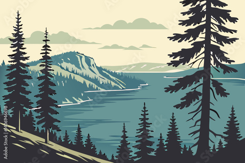 Retro-style Crater Lake with pine silhouettes – Oregon, USA
