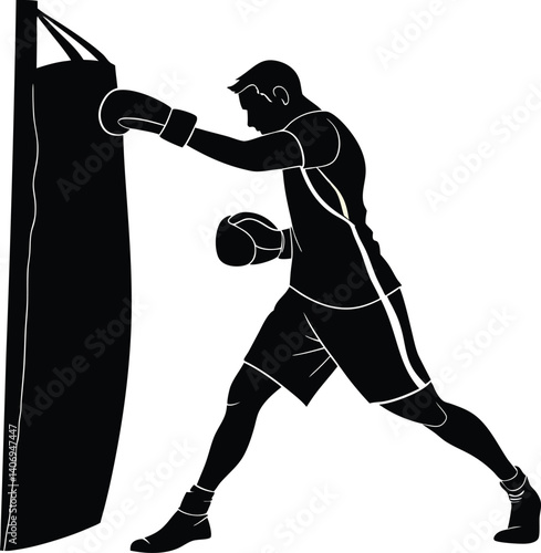 Black and white silhouette of boxer punching, powerful vector design for combat sports	