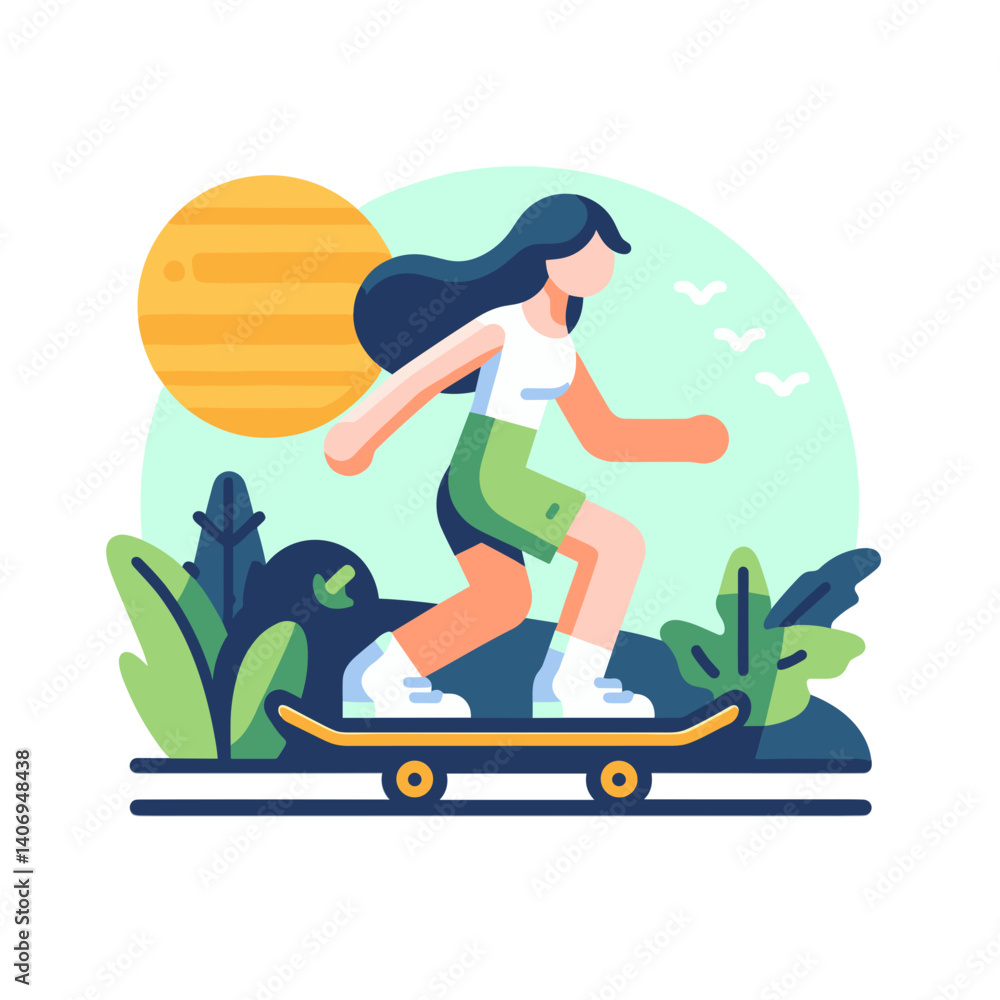 Vector illustration of a girl skateboarding joyfully in a green setting with sunshine Vector illustration of a girl skateboarding joyfully in a green setting with sunshine