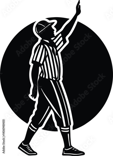 A silhouette of a sports referee raising a hand. Useful for match illustrations and officiating graphics.	