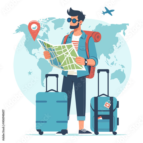 Vector illustration of a traveler checking a map with suitcases and a world map background