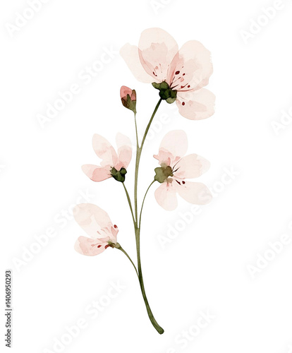 Pink cherry blossom branch in watercolor PNG. Transparent background clipart ideal for spring themes, wedding stationery, and gentle decor