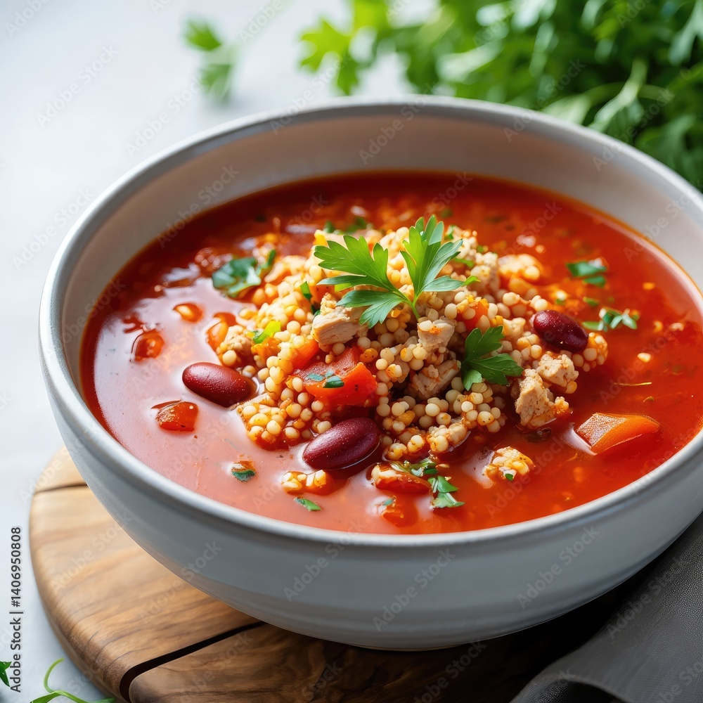 Hearty soup with grains and beans served in a rustic bowl on a wooden board Hearty soup with grains and beans served in a rustic bowl on a wooden board