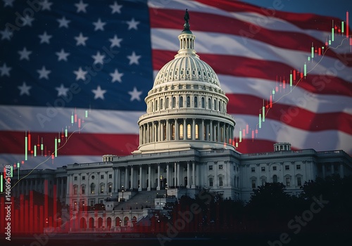US Capitol building economic graph American flag rising market political landscape financial markets