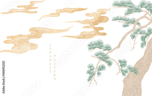 Japanese background with line Chinese cloud and bonsai tree pattern vector. Abstract template with geometric wave pattern. Cloud layout design in oriental style