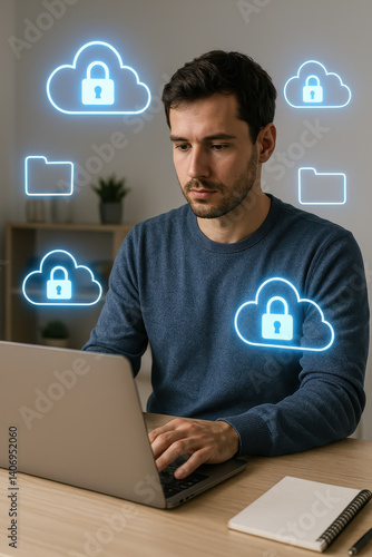Jeune homme travaillant sur ordinateur portable avec des icônes de cloud sécurisé – concept de protection des données numériques et cybersécurité dans un environnement de bureau moderne