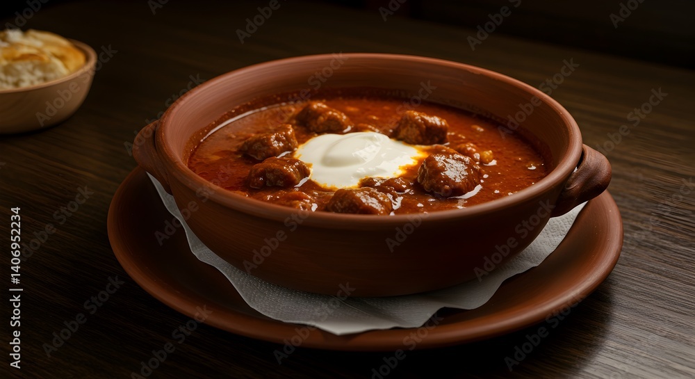 Rustic terracotta bowl filled with hearty meat stew and sour cream topping Rustic terracotta bowl filled with hearty meat stew and sour cream topping