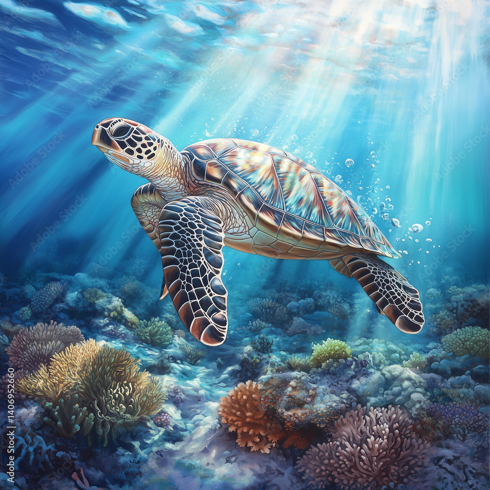 Obraz premium Sea turtle splashes on the seabed with corals