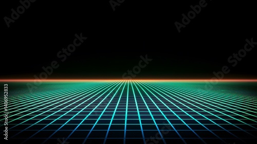The image contains a grid pattern of glowing teal lines on a dark background, creating a retro-futuristic, 80s-style digital landscape with a subtle orange horizon.