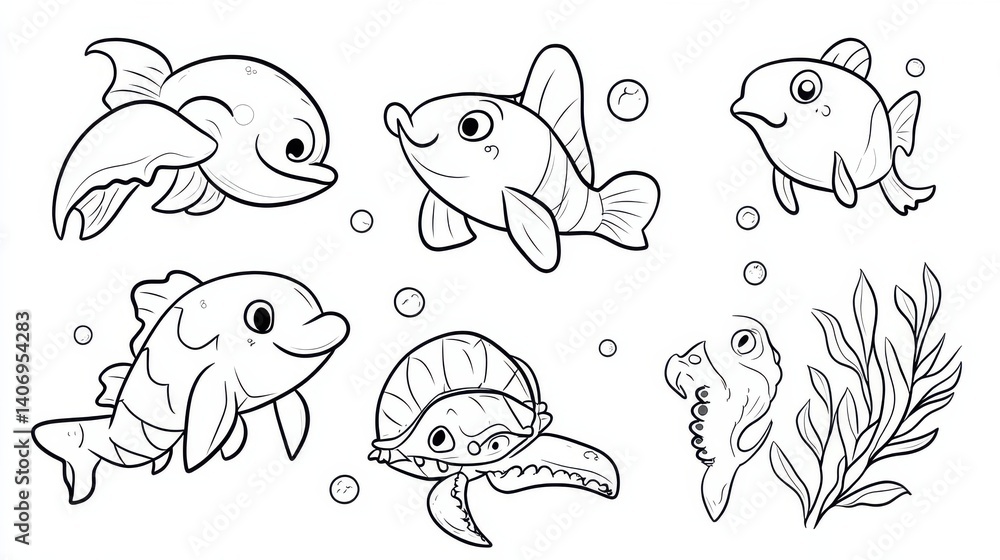 Obraz premium A line drawing of various sea creatures, including a fish, dolphin, turtle, and crab, set in an underwater scene. The illustration conveys a lively aquatic environment.