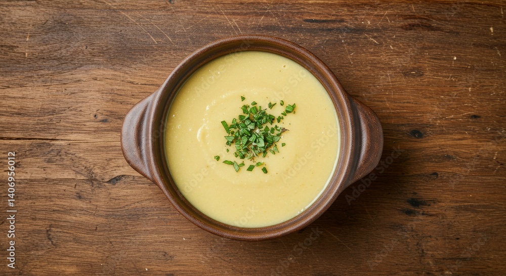 Creamy Soup in Rustic Bowl on Wooden Table Creamy Soup in Rustic Bowl on Wooden Table