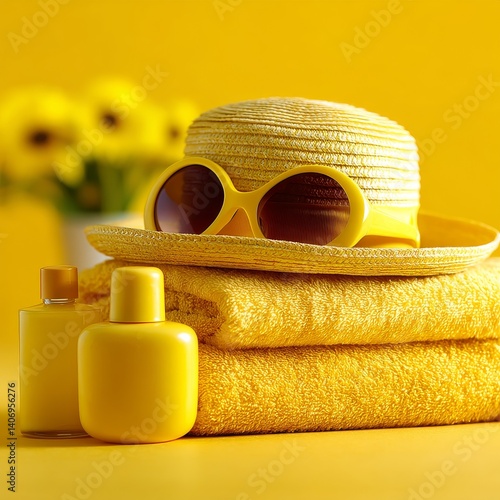 Golden Summer Essentials: Hat, Sunglasses, Towels, and Sunscreen Set for a Beach Vacation on Yellow Background