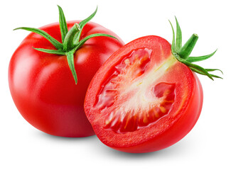 Tomato isolated png. Tomato with a half  on white or transparent background. Perfect retouched png tomato no background. Whole tomato with a slice. Full depth of field.