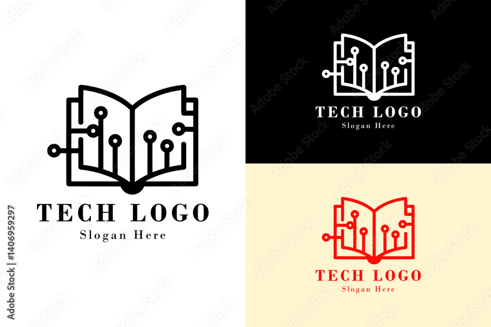 Fototapeta premium illustration of book with circuit pages, icon, vector logo for education, fintech, artificial intelligence, blockchain, deep learning, data science, database, cloud computing, and more