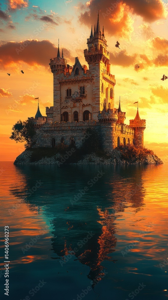 Fototapeta premium A magnificent castle stands majestically on a secluded island at sunset.