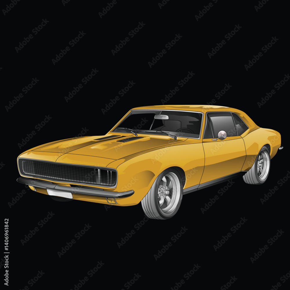 Yellow and painted racing car. Isolated in black background, for t-shirt design, print, and for business purposes. Yellow and painted racing car. Isolated in black background, for t-shirt design, print, and for business purposes.