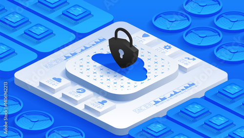 Encryption-based cloud data protection and antivirus security ensure privacy and prevent cyber threats. Focused on safeguarding sensitive information and secure storage. Vector illustration