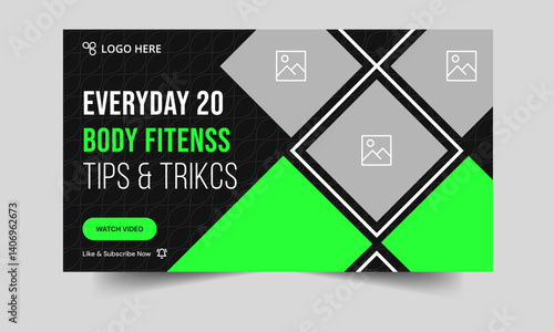 Body fitness new idea tips and tricks video cover banner design, workout plan video thumbnail banner design, editable vector eps 10 file format