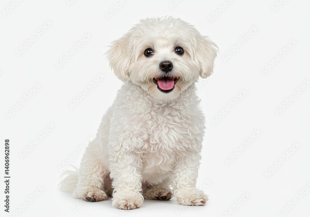 Obraz premium Playful bichon frise sitting cheerfully against a clean white background