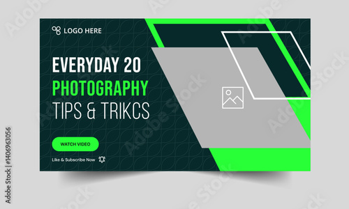 Trendy photography daily tips and tricks video thumbnail banner design, daily photography learning tips and techniques video cover banner design, editable vector eps 10 file format